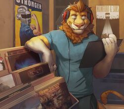  2018 5_fingers album_cover anthro arcticlion band_merch bottomwear brown_hair clothed clothing cover daft_punk dream_theater electronics eyebrows felid fingers funkadelic fur hair haken_(band) headphones holding_object inside lakota_lander lion male mammal multicolored_body multicolored_fur mumford_&amp;_sons orange_eyes pantherine pants pink_floyd porcupine_tree poster record record_store red_hot_chili_peppers rosie_the_riveter rush_(band) shirt solo thomas_bangalter tool_(band) topwear vinyl_record white_body white_fur yellow_body yellow_eyes yellow_fur 