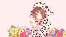  animal_ears animal_print blush bow brown_background brown_eyes brown_hair closed_mouth commentary_request cow_ears cow_girl cow_hood cow_horns cow_print female fingernails flower hair_flower hair_ornament hands_up highres hood hoodie horns long_sleeves makiaato nail_polish original pink_bow pink_flower pink_nails purple_flower red_flower red_rose rose simple_background smile solo striped striped_bow white_flower yellow_flower 