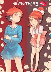  2girls bad_id bad_pixiv_id crossed_arms doseisan dual_persona earrings hood hoodie jewelry kumatora mother_(game) mother_3 multiple_girls one_eye_closed pink_eyes pink_hair samidare_(hoshi) short_hair smile ultimate_chimera waitress yoshikoshi_(mother_3) 