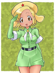  angol_mois blonde_hair breasts commentary_request cowboy_shot dark-skinned_female dark_skin female gloves hakkatou hat highres keroro_gunsou medium_breasts open_mouth salute short_hair skirt smile solo 