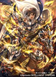  1boy armor armored_boots barding boots brown_hair cape commentary_request company_connection copyright_name female fire_emblem fire_emblem_awakening fire_emblem_cipher frederick_(fire_emblem) hagiya_kaoru holding holding_weapon horse horseback_riding male_focus manly official_art open_mouth riding shield short_hair shoulder_armor sword weapon 