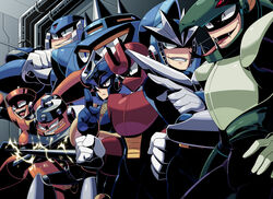  6+boys bad_id bad_pixiv_id blue_eyes clenched_hands electricity fangs fist_in_hand gemini_man grin hand_gesture hard_man helmet industrial_pipe magnet magnet_man mega_man_(classic) mega_man_(series) mega_man_3 multiple_boys needle_man red_eyes shaded_face shadow_man_(mega_man) smile snake_man snake_tail spark_man tail top_man tsubasuke 