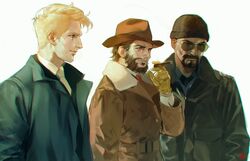  3boys aged_down beanie beard blackwatch_reyes blonde_hair brown_hair cassidy_(overwatch) cigar commentary dark_skin english_commentary facial_hair fashion fedora gloves goatee hat highres long_coat male_focus multiple_boys necktie overwatch overwatch_1 reaper_(overwatch) smoking soldier:_76_(overwatch) strike_commander_morrison sunglasses white_background yd_(orange_maru) 