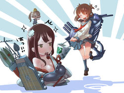  12_(xaenedju) 3girls akagi_(kancolle) bird blush breasts brown_eyes brown_hair bucket chick commentary_request folded_ponytail hiyoko_(kancolle) inazuma_(kancolle) japanese_clothes kantai_collection large_breasts long_hair multiple_girls muneate partially_submerged rashinban_musume school_uniform serafuku short_hair skirt water 