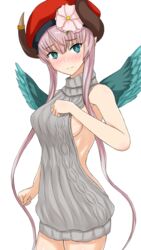  backless_outfit bare_arms bare_shoulders blue_eyes blue_wings blush breasts bright_pupils closed_mouth commentary_request cowboy_shot dress feathered_wings female flower frown grey_sweater hand_up hat hat_flower horns la_hawzel linfa_(futari_midara) looking_at_viewer medium_breasts meme_attire nose_blush pink_flower pink_hair pointy_ears rance_(series) red_hat ribbed_sweater short_hair_with_long_locks sideboob sidelocks simple_background sleeveless sleeveless_turtleneck solo standing sweater sweater_dress turtleneck turtleneck_sweater virgin_killer_sweater white_background wings 