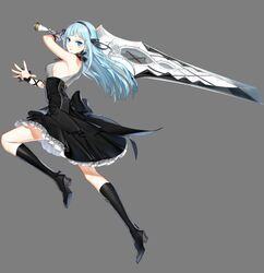  absurdres arm_ribbon black_legwear blue_eyes blue_hair closers dress female full_body hair_ribbon hairband happening18 highres holding holding_sword holding_weapon huge_weapon kneehighs long_hair looking_at_viewer official_art ribbon serious simple_background sleeveless solo sword violet_(closers) weapon white_background 