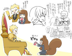  2boys 2girls :3 animal_ears armor blonde_hair brown_hair chibi chibi_inset closed_eyes commentary_request earrings fate/extra fate/extra_ccc fate_(series) gilgamesh_(fate) gilgamesh_(modern_costume_of_volupte)_(fate) hair_slicked_back jewelry kishinami_hakuno_(female) kotomine_kirei long_hair mei_(mochimon) multiple_boys multiple_girls official_alternate_costume open_mouth school_uniform serafuku short_hair skirt tail throne tohsaka_rin translation_request tsukumihara_academy_uniform_(fate/extra_ccc) 