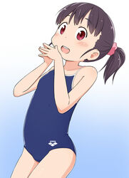  :d arena_(company) black_hair commentary_request competition_school_swimsuit female one-piece_swimsuit open_mouth original red_eyes school_swimsuit short_hair smile solo swimsuit tomboo 