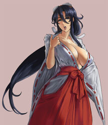  black_hair breasts center_opening commentary covered_nipples cowboy_shot english_commentary eu03 female goggles goggles_on_head hair_ribbon hakama hakama_skirt high-waist_skirt huge_breasts japanese_clothes large_breasts lips long_hair looking_at_viewer miko no_bra open_mouth photoshop_(medium) red_hakama ribbon ribbon-trimmed_clothes ribbon-trimmed_sleeves ribbon_trim sagging_breasts sengoku_ace sengoku_blade sideboob skirt solo teasing togashi_koyori very_long_hair wide_sleeves 