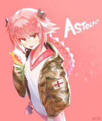  1boy artist_name astolfo_(fate) bad_id bad_pixiv_id bespectacled black_bow bow braid camouflage camouflage_jacket character_name closed_mouth clothes_writing commentary crepe double_vertical_stripe eating eyelashes eyes_visible_through_hair fate/apocrypha fate_(series) food from_above glasses hair_between_eyes hair_intakes hairbow half-closed_eyes hand_up holding holding_food hood hood_down hooded_jacket jacket long_hair long_sleeves looking_at_viewer looking_up male_focus multicolored_hair oerba_yun_fang open_clothes open_jacket otoko_no_ko pants patch pink_background pink_hair red_eyes red_pants red_sailor_collar sailor_collar semi-rimless_eyewear shirt simple_background single_braid smile solo sparkle streaked_hair tongue tongue_out two-tone_hair under-rim_eyewear very_long_hair white_hair white_shirt wootsang yellow-framed_eyewear 