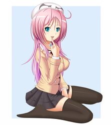  aqua_eyes black_thighhighs blazer blush breasts commentary_request dra+koi female hat heroine_(dra+koi) jacket large_breasts long_hair open_mouth pink_hair school_uniform sitting skirt slit_pupils smile solo thighhighs wariza wiz_(shadow) 