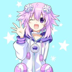  ;d aqua_background commentary_request d-pad d-pad_hair_ornament drawstring female hair_ornament hand_up highres hood hoodie jewelry looking_at_viewer neck_ring neptune_(neptunia) neptune_(series) official_style one_eye_closed open_mouth purple_eyes purple_hair short_hair smile solo star_(symbol) starry_background waving zero_(ray_0805) zipper 