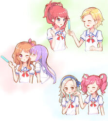  6+girls :d ^_^ aikatsu! aikatsu!_(series) amahane_madoka blonde_hair blue_hairband blue_ribbon blush braid brown_eyes brown_hair cheek_poking closed_eyes collarbone commentary_request food hair_ornament hair_ribbon hair_scrunchie hairband high_ponytail highres hikami_sumire holding holding_food kurebayashi_juri kurosawa_rin_(aikatsu!) light_brown_hair makiaato multiple_girls one_side_up open_mouth ozora_akari pink_eyes pink_hair pink_ribbon poking ponytail popsicle profile puffy_short_sleeves puffy_sleeves purple_eyes purple_hair red_hair ribbon sailor_collar school_uniform scrunchie serafuku shinjo_hinaki shirt short_hair short_sleeves smile star_(symbol) star_hair_ornament starlight_academy_school_uniform tongue tongue_out twintails white_sailor_collar white_shirt wing_hair_ornament yellow_scrunchie yuri 