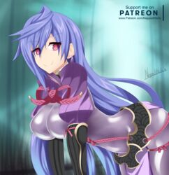  bent_over blue_hair closed_mouth commentary_request cosplay eyes_visible_through_hair fate_(series) female iris_heart kami_jigen_game_neptune_v long_hair looking_at_viewer minamoto_no_raikou_(fate) minamoto_no_raikou_(fate)_(cosplay) neppedwaifu neptune_(series) patreon_username power_symbol power_symbol-shaped_pupils puffy_sleeves red_eyes signature smile smug solo symbol-shaped_pupils watermark web_address 