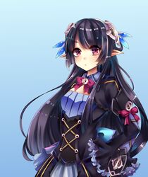  :/ absurdres anette_(pso2) arm_ribbon bad_id bad_pixiv_id black_dress black_hair blue_background breasts closed_mouth commentary_request corset dress female frilled_dress frilled_sleeves frills furumiya_neko gradient_background hair_ornament hairclip hand_on_own_hip headgear highres long_hair long_sleeves looking_at_viewer neck_ribbon phantasy_star phantasy_star_online_2 pointy_ears puffy_long_sleeves puffy_sleeves red_eyes red_ribbon ribbon short_eyebrows sidelocks small_breasts solo swept_bangs 