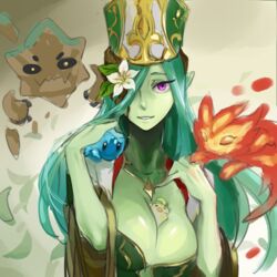  armadel_(p&amp;d) bad_id bad_pixiv_id between_breasts bird breasts cleavage colored_skin female flower green_skin hair_flower hair_ornament hair_over_one_eye hat kachina large_breasts monster_girl plant_girl pointy_ears purple_eyes puzzle_&amp;_dragons solo 