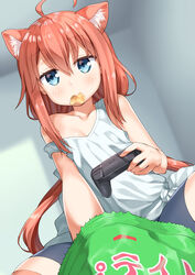  absurdres ahoge animal_ears bike_shorts blue_eyes cat_ears chips_(food) collarbone commentary_request controller eyes_visible_through_hair female food food_in_mouth game_controller hair_between_eyes highres hinata_channel long_hair looking_at_viewer low_twintails miyabi_(miyabeeya) mouth_hold nekomiya_hinata potato_chips red_hair sitting solo strap_slip tank_top twintails very_long_hair virtual_youtuber white_tank_top 