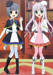  2girls anime_screenshot black_hair boots brown_eyes detective futari_wa_milky_holmes green_eyes hat highres long_hair multiple_girls myoujingawa_alice purple_hair short_hair tantei_opera_milky_holmes thighhighs tokiwa_kazumi 