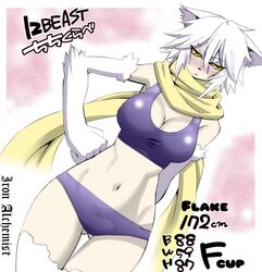  12_beast animal_ears breasts claws colored female flake_(12_beast) furry inui_takemaru monster_girl okayado scarf short_hair silver_hair tail underwear werewolf white_skin wolf_girl wolf_tail yellow_eyes 