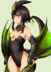  astalos black_hair black_thighhighs breasts commentary_request dragon_girl dragon_horns dragon_tail dragon_wings female green_wings highres horns monster_girl monster_hunter_(series) personification red_eyes short_hair small_breasts solo tail thighhighs tobimura wings 