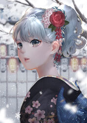  antweiyi black_kimono commentary_request crying earrings female floral_print flower grey_eyes hair_flower hair_ornament japanese_clothes jewelry kimono lantern original paper_lantern photoshop_(medium) rose silver_hair snow solo tears upper_body 