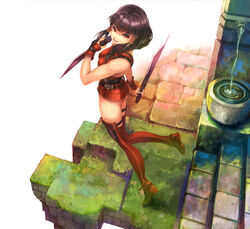  arm_guards armor armored_dress bare_shoulders black_hair breastplate commentary_request day dress dual_wielding fantasy_earth fantasy_earth_zero female from_above from_side grass hair_tubes holding holding_sword holding_weapon leg_up looking_at_viewer looking_up microdress panties red_armor red_eyes red_thighhighs reverse_grip ripples ryouku scout_(fantasy_earth) scout_(scarlet_outfit)_(fantasy_earth_zero) shoes short_hair short_sword sleeveless smile solo stairs standing sword thighhighs underwear water weapon 