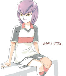  1boy bad_id bad_pixiv_id character_name hayabusa_hideki inazuma_eleven_(series) inazuma_eleven_go male_focus mizuhara_aki purple_hair sitting soccer_uniform solo sportswear tengawara 