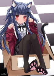  :3 animal_ear_fluff animal_ears black_bow black_bowtie black_pantyhose black_skirt blue_hair blunt_bangs blush bow bowtie box cardboard_box cat_ears cat_girl cat_tail closed_mouth commentary dorsiflexion eluthel feet female frills full_body hairbow highres idolmaster idolmaster_cinderella_girls in_box in_container knees_up legs legs_together long_hair long_sleeves looking_at_viewer miniskirt no_shoes pantyhose paw_pose paw_print_soles pleated_skirt red_eyes ribbon-trimmed_sleeves ribbon_trim sajo_yukimi sidelocks sitting skirt sleeves_past_wrists smile solo symbol-only_commentary tail textless_version tile_floor tiles toes two_side_up white_bow 