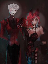  accessory alastor_(hazbin_hotel) black_eyes bottomwear bow_tie clothing deer deer_ears demon dress duo female flower hair hand_fan hands_behind_back hat hazbin_hotel headgear headwear hi_res humanoid iris1906 male mammal pants plant red_eyes red_hair rose_(flower) rosie_(hazbin_hotel) rule_63 scar smile suit white_hair 