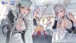  4girls absurdres apron aqua_hair azur_lane belfast_(azur_lane) bird black_dress black_ribbon blurry blurry_foreground breasts bucket chandelier chick clothing_cutout commentary copyright_name day dido_(azur_lane) dress duster english_commentary frilled_apron frilled_wristband frills gloves grey_hair hair_between_eyes hairband hand_up highres holding holding_duster indoors juliet_sleeves lace-trimmed_hairband lace_trim large_breasts leaning_forward light_particles long_hair long_sleeves looking_at_viewer maid_headdress manjuu_(azur_lane) multiple_girls official_art open_mouth parted_lips pink_eyes puffy_short_sleeves puffy_sleeves raised_eyebrows red_eyes revenge_(azur_lane) revenge_(the_maid-knight_charges_forth!)_(azur_lane) ribbon sencha_(senchat) short_sleeves sideboob sirius_(azur_lane) smile standing two-tone_dress underboob underboob_cutout very_long_hair waist_apron white_apron white_dress white_gloves yellow_eyes 