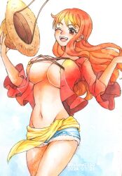  absurdres blush breasts brown_eyes cleavage commentary_request cosplay cowboy_shot dated denim denim_shorts female groin hat highres holding holding_hat holding_unworn_clothes large_breasts long_hair looking_at_viewer midriff monkey_d._luffy monkey_d._luffy_(cosplay) nami_(one_piece) navel one_eye_closed one_piece open_clothes open_mouth open_shirt orange_hair red_shirt sash shirt short_shorts shorts single_sidelock smile solo stomach straw_hat teeth traditional_media twitter_username unworn_hat unworn_headwear upper_teeth_only wavy_hair yatarou_(yataro0730) yellow_sash 