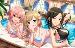  3girls ahoge arched_back arm_support arm_up bare_shoulders bikini black_bikini black_hair bracelet breasts collarbone curtains doyagao earrings glint green_eyes grin hair_between_eyes hair_ornament hairclip hand_up heart heart_earrings idolmaster idolmaster_cinderella_girls idolmaster_cinderella_girls_starlight_stage indoors jewelry jougasaki_mika large_breasts light_brown_hair long_hair looking_at_viewer mukai_takumi multiple_girls nail_polish official_art partially_submerged pink_hair plant pool pool_ladder potted_plant ring sato_shin sideboob smile smug sparkle star_(symbol) star_earrings swimsuit teeth tile_floor tiles upper_teeth_only water wet window yellow_eyes 