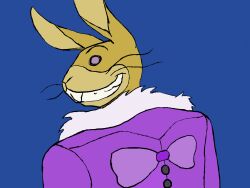  2022 anthro blue_background buckteeth bust_portrait clothed clothing coat digital_drawing_(artwork) digital_media_(artwork) empty_eyes firealpaca_(artwork) five_nights_at_freddy&#039;s five_nights_at_freddy&#039;s_vr:help_wanted flat_colors fur glitchtrap grin hi_res lagomorph leporid looking_at_viewer looking_back looking_back_at_viewer male mammal portrait purple_clothing purple_coat purple_eyes purple_topwear rabbit rear_view savy_(artist) scottgames simple_background smile solo tan_body tan_fur tan_inner_ear teeth topwear whiskers wide_smile 