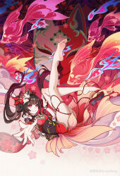  absurdres barefoot bell black_choker black_sash butterfly-shaped_pupils choker clenched_teeth criss-cross_halter detached_sleeves dress female fox_mask gradient_background halterneck highres honkai:_star_rail honkai_(series) knees_up koi leg_up looking_at_viewer mark_under_both_eyes mask mask_on_head midair miyoushe_watermark nail_polish neck_bell o-ring open_mouth pink_eyes reaching reaching_towards_viewer red_background red_dress red_nails red_sleeves sash shoes single_shoe solo sparkle_(honkai:_star_rail) symbol-shaped_pupils teeth unworn_shoe vinsonfeng white_background 