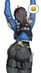  arms_up ass black_hair black_pants clothes_writing cowboy_shot emoji female from_behind haykal high-waist_pants highres leggings long_sleeves multicolored_hair pants red_hair solo spoken_emoji standing streaked_hair thighs zenless_zone_zero zhu_yuan 