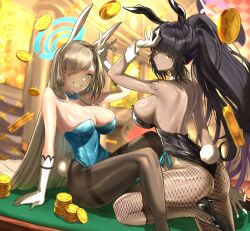  2girls :d absurdly_long_hair absurdres animal_ears arm_support arm_tattoo armpits ass asuna_(blue_archive) asuna_(bunny)_(blue_archive) backless_leotard backless_outfit bare_back bare_shoulders black_footwear black_leotard black_pantyhose blue_archive blue_bow blue_bowtie blue_leotard blurry bow bowtie breasts casino casino_card_table cleavage coin collarbone commentary_request dark-skinned_female dark_skin depth_of_field detached_collar elbow_gloves fake_animal_ears fake_tail fishnet_pantyhose fishnets gloves hair_between_eyes hair_over_one_eye hairband halo head_tilt high_heels highleg highleg_leotard highres indoors karin_(blue_archive) karin_(bunny)_(blue_archive) kneeling large_breasts leotard long_bangs long_hair looking_at_viewer multiple_girls number_tattoo official_alternate_costume official_alternate_hairstyle on_table pantyhose parted_bangs playboy_bunny pongpong0920 ponytail rabbit_ears rabbit_pose rabbit_tail sideboob sidelocks sitting smile strapless strapless_leotard table tail tattoo very_long_hair white_gloves wrist_cuffs 