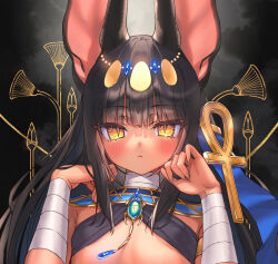  animal_ears ankh anubis_(mythology) black_hair blush breasts brooch circlet dark-skinned_female dark_skin egyptian_mythology expressionless female highres jackal_ears jewelry komiya_nigi long_hair looking_at_viewer original small_breasts solo upper_body usekh_collar yellow_eyes 