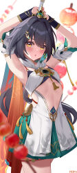  absurdres armpits arms_up bare_shoulders black_hair blush cowboy_shot detached_sleeves feifu female green_skirt highres honkai:_star_rail honkai_(series) incredibly_absurdres long_hair looking_at_viewer miniskirt parted_lips short_sleeves skirt solo standing very_long_hair yellow_eyes yunli_(honkai:_star_rail) 