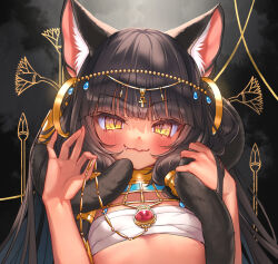  animal_ears ankh bastet_(mythology) black_hair blush breasts brooch cat_ears cat_girl cat_tail circlet dark-skinned_female dark_skin egyptian_clothes egyptian_mythology female highres jewelry komiya_nigi long_hair looking_at_viewer oerba_yun_fang original sarashi small_breasts smile solo tail upper_body usekh_collar yellow_eyes 