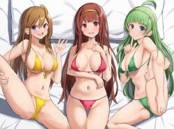  3girls ahoge bikini blue_eyes blunt_bangs blush breasts brown_hair collarbone flower green_bikini green_hair hair_between_eyes hair_flower hair_ornament hairband idolmaster idolmaster_million_live! long_hair looking_at_viewer lying medium_breasts multiple_girls navel on_back on_bed open_mouth outstretched_hand pillow presenting red_bikini red_eyes red_hair shimabara_elena smile spread_legs swimsuit tabii tanaka_kotoha tokoro_megumi yellow_bikini 