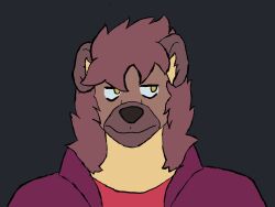  2022 annoyed anthro black_background black_nose brown_body brown_fur brown_hair bust_portrait clothed clothing digital_drawing_(artwork) digital_media_(artwork) firealpaca_(artwork) flat_colors front_view fur hair half-closed_eyes hi_res hyena inner_ear_fluff jacket male mammal narrowed_eyes portrait purple_clothing purple_jacket purple_topwear red_clothing red_shirt red_topwear savy_(artist) shirt simple_background solo spotted_hyena tan_body tan_fur tan_inner_ear_fluff topwear tuft yellow_eyes 