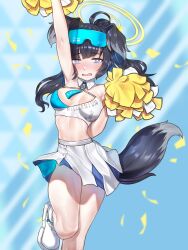  absurdres animal_ears arm_up armpits black_hair blue_archive blue_sky blunt_bangs blurry breasts character_name cheerleader cleavage cloud cloudy_sky commentary_request confetti criss-cross_halter depth_of_field detached_collar dog_ears dog_girl dog_tail droopy_ears female grey_eyes halo halterneck hibiki_(blue_archive) hibiki_(cheer_squad)_(blue_archive) highres holding holding_pom_poms long_hair looking_at_viewer medium_breasts millennium_cheerleader_outfit_(blue_archive) navel official_alternate_costume official_alternate_hairstyle outdoors pom_pom_(cheerleading) pongpong0920 ponytail shoes sidelocks simple_background sky sneakers solo standing standing_on_one_leg stomach tail 