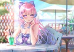  :d alternate_costume bare_shoulders blue_hair blue_sky blurry blurry_background blush bow breasts camisole chair cleavage cloud commentary_request cup depth_of_field drinking_glass drinking_straw female genshin_impact gradient_hair hand_up kachayori looking_at_viewer medium_breasts multicolored_hair outdoors pink_bow pink_hair purple_eyes sangonomiya_kokomi sitting sky smile solo spaghetti_strap table white_camisole 