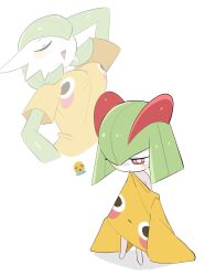  2girls absurdres bob_cut breast_envy closed_eyes colored_skin crying_emoji ddingyong emoji flushed_face_emoji_shirt_(meme) gardevoir green_hair green_skin hair_over_one_eye highres horns imagining kirlia meme multicolored_skin multiple_girls open_mouth oversized_clothes oversized_shirt pink_eyes pokemon pokemon_(creature) shirt sidelocks simple_background sleeves_past_fingers sleeves_past_wrists teardrop two-tone_skin white_background white_skin yellow_shirt 