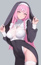  black_coif black_dress blush braid breasts covered_navel cross cross_necklace dress ear_piercing female fingernails grey_background grin groin hair_ribbon highres jewelry large_breasts long_hair long_sleeves looking_at_viewer necklace nun original piercing pink_eyes pink_hair ribbon see-through_clothes see-through_dress side_slit simple_background smile solo sutochan thighhighs thighs white_ribbon white_thighhighs 