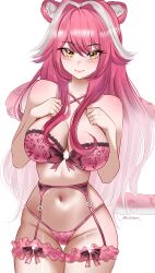  absurdres animal_ears animal_print bare_shoulders belt black_bow blush bow bow_bra bra breasts closed_mouth collarbone commentary female frilled_thigh_strap groin hair_intakes helldeer highres hololive hololive_english large_breasts leopard_print leopard_print_bra leopard_print_panties long_hair looking_at_viewer multicolored_hair navel panther_ears panther_girl panther_tail panties pink_belt pink_bra pink_hair pink_lips pink_panties raora_panthera simple_background smile solo stomach streaked_hair tail thigh_bow thigh_strap thighs twitter_username two-tone_hair underwear virtual_youtuber white_background white_hair yellow_eyes 