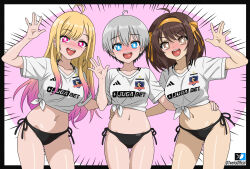  3girls absurdres adidas ahoge artist_name bikini bikini_bottom_only black_bikini blonde_hair blue_eyes breasts bright_pupils brown_eyes brown_hair collarbone colo_colo commentary commission crossover english_commentary gradient_hair grey_hair hand_on_another&#039;s_waist highres kitagawa_marin long_hair looking_at_viewer medium_breasts multicolored_hair multiple_girls navel open_mouth pink_eyes pink_hair shirt short_hair side-tie_bikini_bottom smile sono_bisque_doll_wa_koi_wo_suru sportswear suzumiya_haruhi suzumiya_haruhi_no_yuuutsu swimsuit t-works teeth tied_shirt twitter_username two-tone_hair upper_teeth_only uzaki-chan_wa_asobitai! uzaki_hana white_pupils white_shirt 