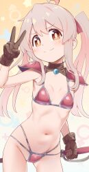  absurdres ahoge armor armpits ass_visible_through_thighs bikini_armor blush breasts brown_eyes brown_gloves brown_hair closed_mouth female gloves groin highres holding holding_weapon interlocked_mars_and_venus_symbols long_hair looking_at_viewer mars_symbol navel noshiro_tomoya onii-chan_wa_oshimai! oyama_mahiro pauldrons shoulder_armor small_breasts smile solo stomach twintails v venus_symbol weapon 
