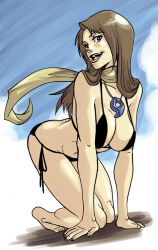  bikini black_bikini breasts brown_eyes brown_hair eisues gyakuten_saiban large_breasts magatama mia_fey mole scarf swimsuit yellow_scarf 