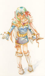  alchemist_(ragnarok_online) aomisora blue_dress blue_gloves blush boots bow breasts brown_cape cape commentary_request corked_bottle dagger dress elbow_gloves female full_body fur-trimmed_boots fur_collar fur_trim gloves green_eyes green_hair hairbow holding holding_dagger holding_knife holding_weapon knife long_hair looking_afar open_mouth painting_(medium) ragnarok_online red_bow simple_background small_breasts solo standing strapless strapless_dress traditional_media vial watercolor_(medium) weapon white_background white_boots 